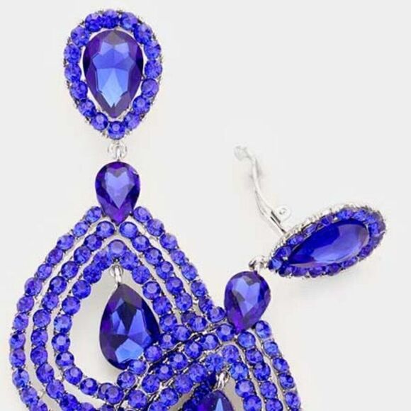 Crystal Pave Trimmed Teardrop Blue Clip On Earrings NWT - Picture 2 of 6